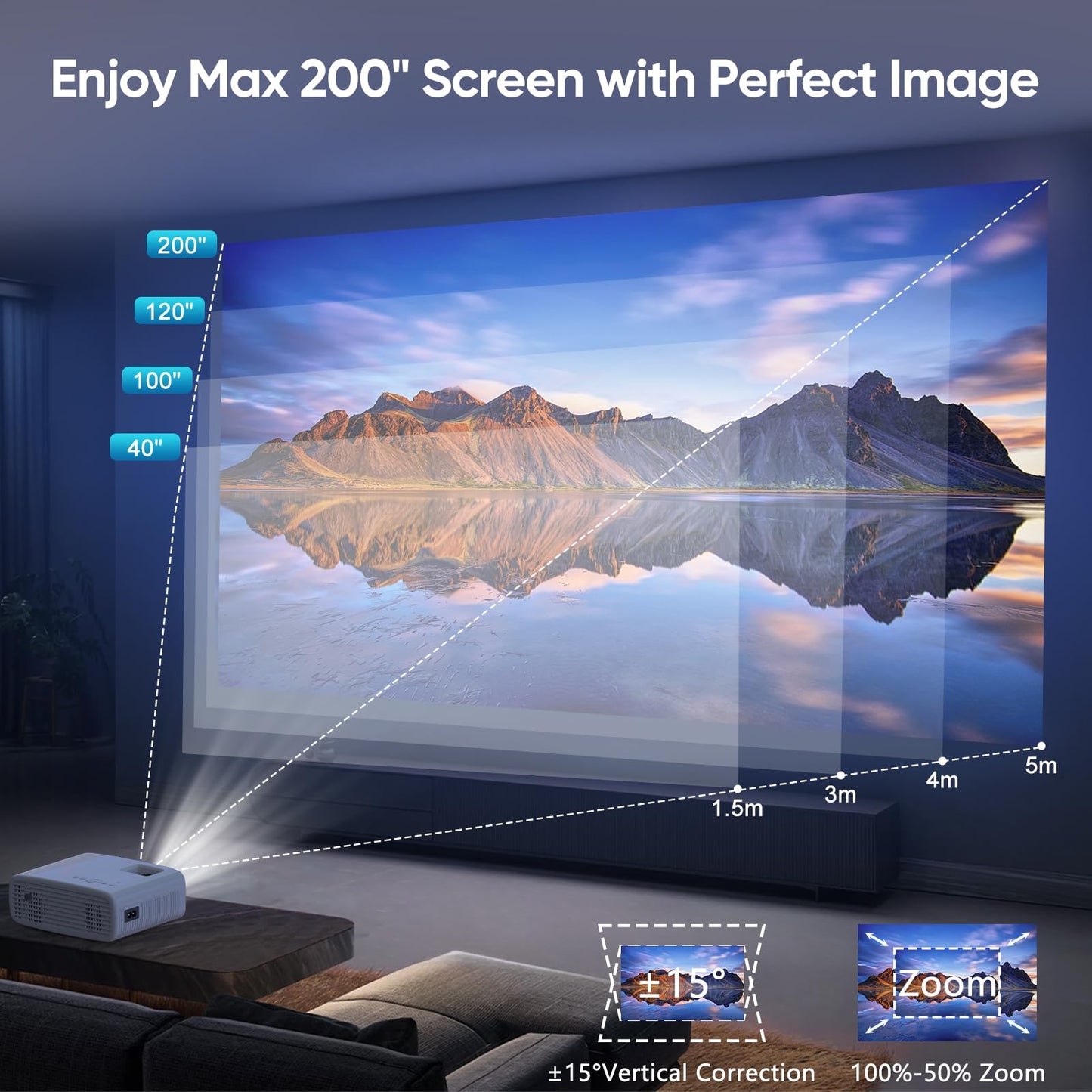 4K supported projector with 15000 lumens, native 1080P resolution, 5G WiFi, Bluetooth, 50% zoom. AKATUO mini projector for home theater and outdoor use, compatible with smartphones, HDMI, USB, laptops, and Fire TV Stick.