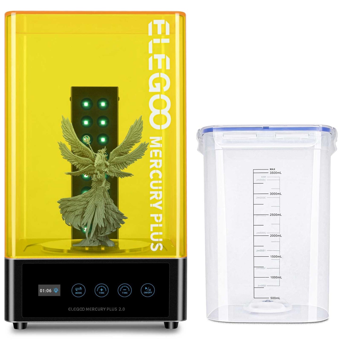 ELEGOO Mercury Plus V2 2-in-1 washing and curing machine for Mars Photon S, Photon Mono LCD, DLP, SLA 3D printed models. Resin UV curing box with rotary curing turntable and washing bucket.