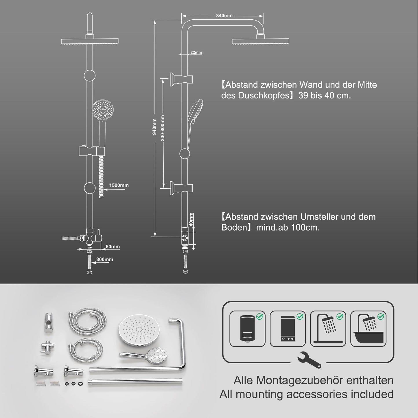 JOHO Stainless Steel Shower System Shower Set Shower Rod Rain Shower Set with ABS Shower Head D20cm