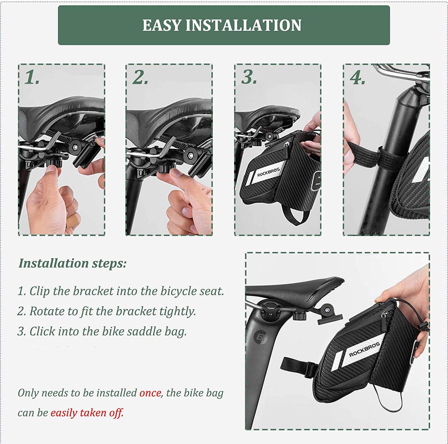 ROCKBROS bike saddle bag with bottle holder, reflective, suitable for MTB, road bike, folding bike. Black, approx. 1L capacity.