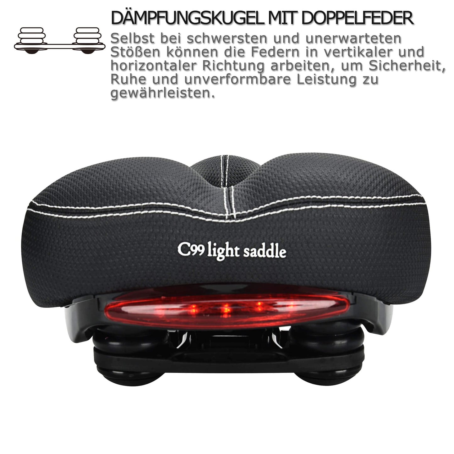 DAWAY C99 Bike Saddle for Women & Men - Comfortable, wide MTB saddle made of high-quality leather with integrated taillight, dual suspension and soft memory foam, compatible with most bikes.