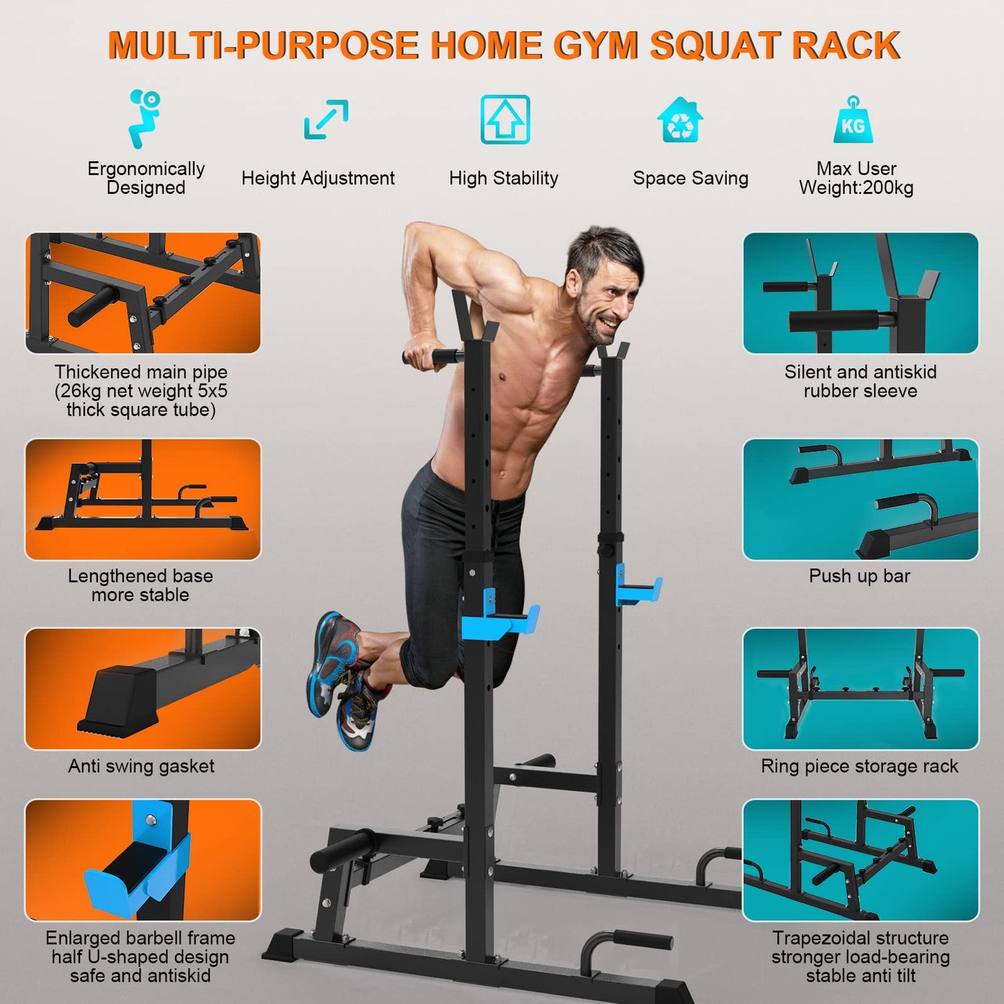 Squat Rack Multi-Function Barbell Rack Adjustable Height Dumbbell Stand for Gym Home Weightlifting Bench Press Dip Station Portable Strength Training Dumbbell Rack