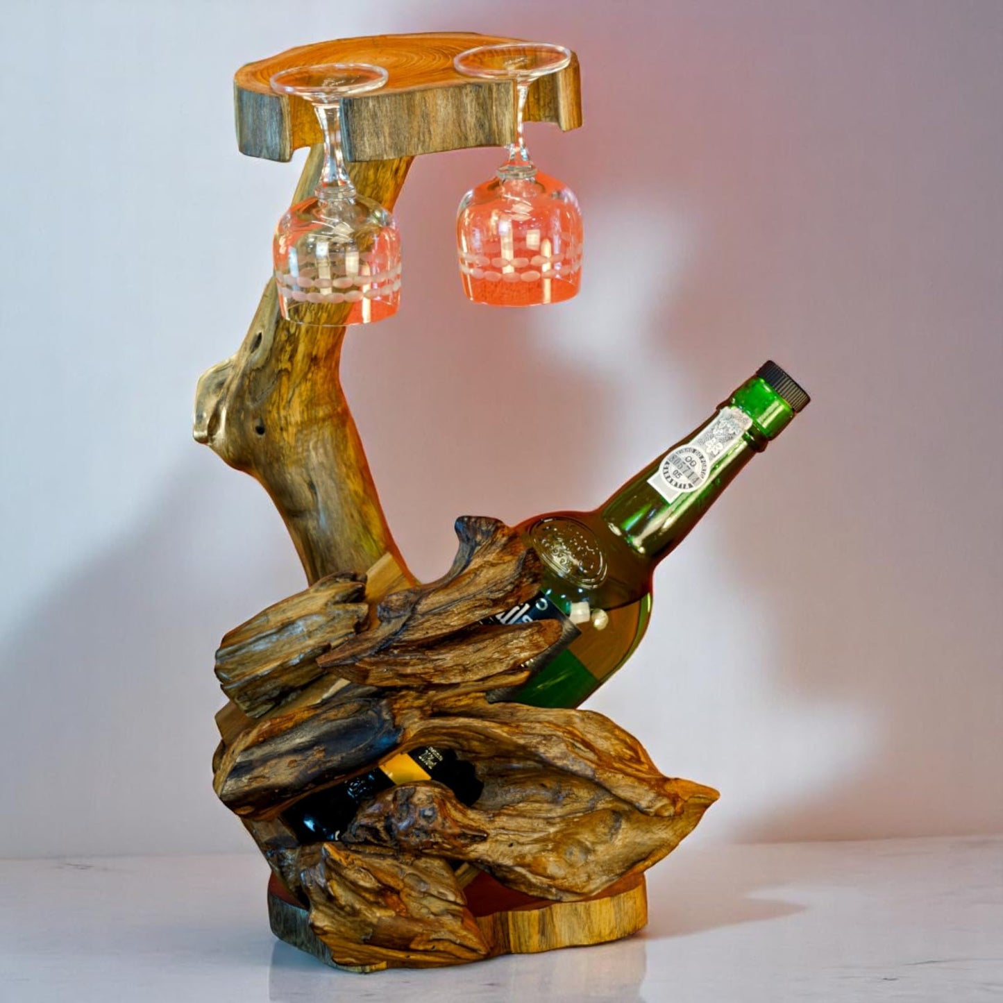 Teak root wood bottle holder - holds bottle and 3 glasses - perfect for presenting or gifting fine liquors and wines (1 bottle / 2 glasses natural)