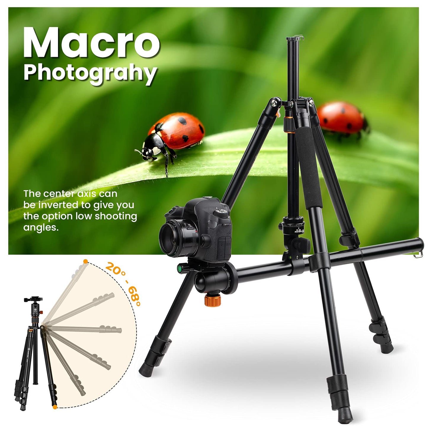 TARION Camera Tripod with Transverse Center Column, Aluminum Travel Tripod with 360° Ball Head, Quick Release Plate, and Tripod Bag, Convertible to Monopod (Tripod+Boom Arm)