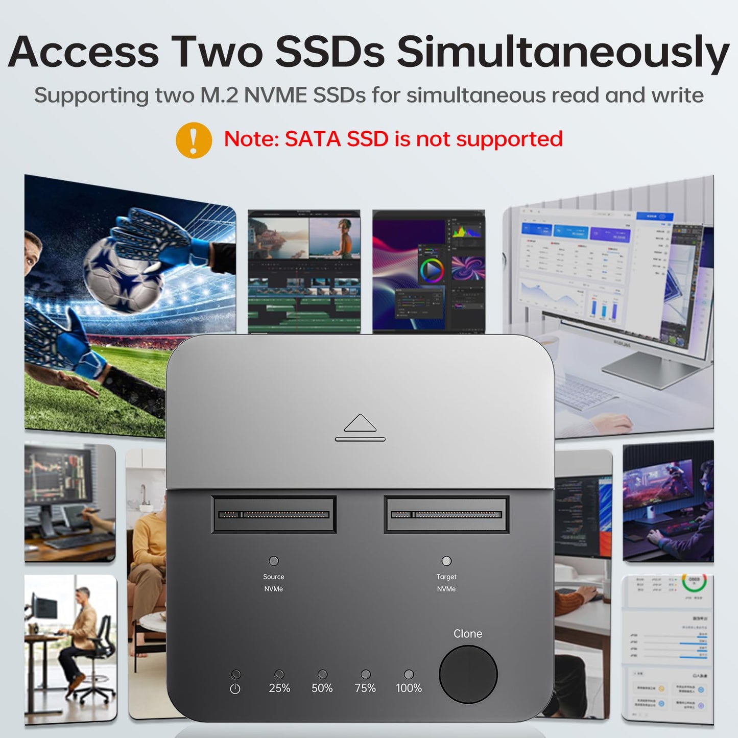 SSK Hard Drive Docking Station, 20Gbps Dual Bay NVMe M.2 SSD Enclosure, Tool-Free Docking Stations for Hard Drive Adapter USB 3.2 Gen 2X2 Clone NVMe Enclosure for M Key PCIE NVMe SSD Case