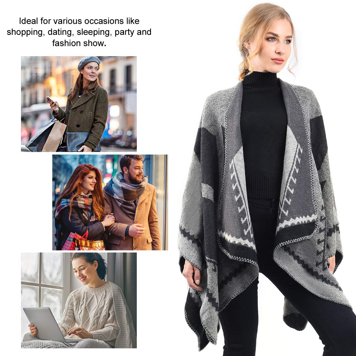 Winter Warm Poncho Scarf Wrap - Autumn Open Front Cape Windproof Knit Wool Coat Blanket Cap-Scarf Oversized Winter Blanket Reversible Thick Cardigan Coat for Women Girls Festive Gifts