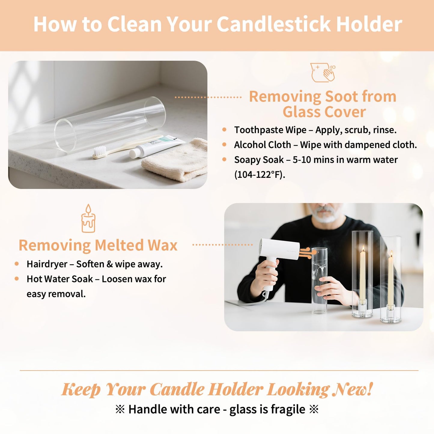 NUPTIO glass cylinder for candles candle holder clear glass - set of 2 candle stands for taper candles taper candle holder tall bottomless cylinder shade wedding party table centerpiece decor