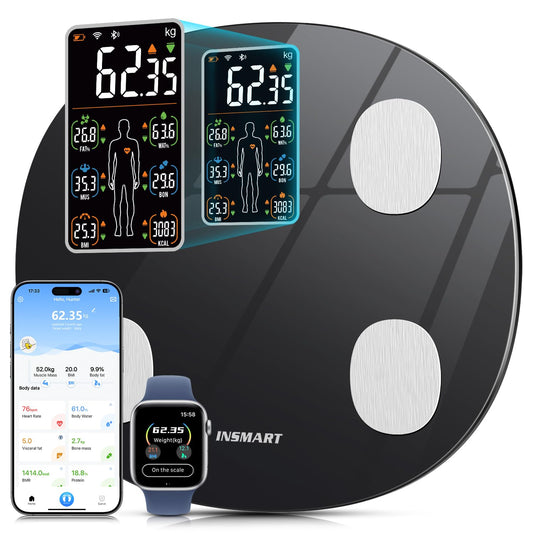 INSMART smart body fat scale digital scale with APP, Bluetooth scale for heart rate, body fat, BMI, weight, muscle mass, water, protein, skeletal muscle, BMR, etc. (18 data points)