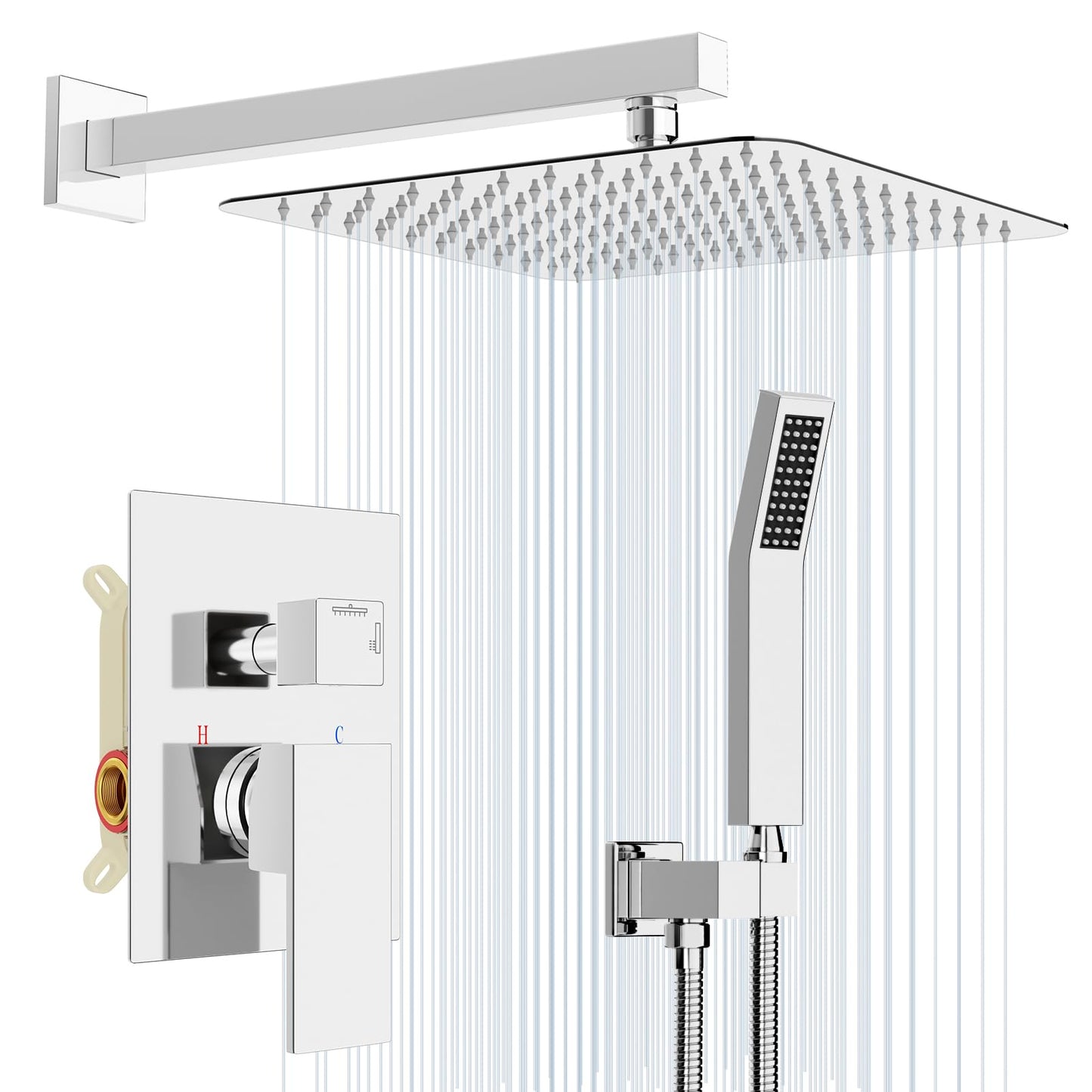 Rainsworth shower system for wall mounting, concealed shower mixer set with rain shower 30x30cm, concealed fittings made of high-quality stainless steel and brass, chrome shower set