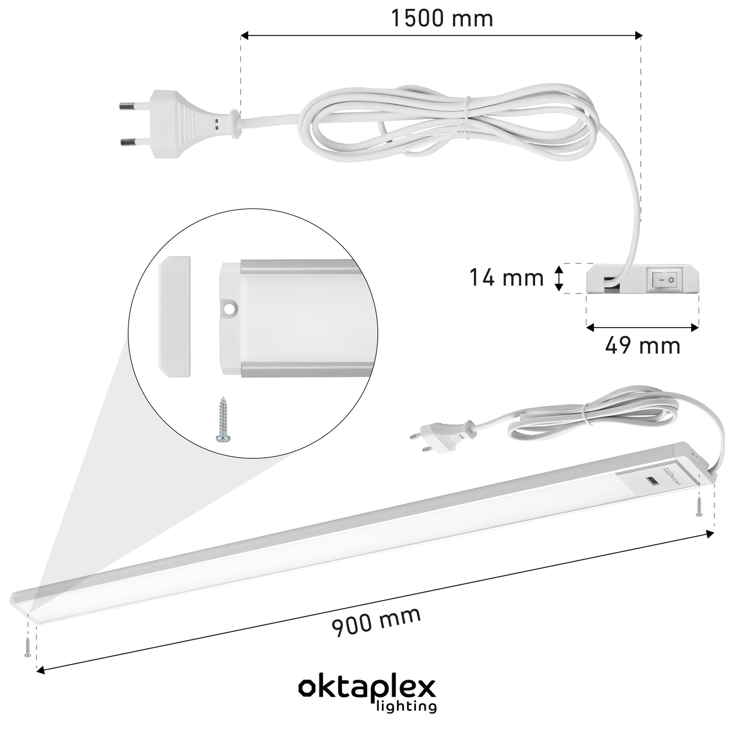 Octaplex Riva under cabinet LED light, 90cm, dimmable warm white 730lm, flat kitchen lighting with sensor. Under cabinet light, 10W, silver.