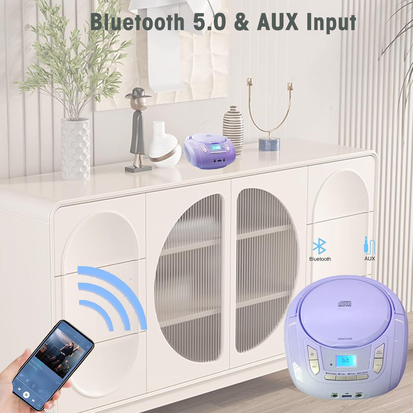 Portable CD Player for Kids - Radio CD Boombox with Bluetooth, FM Radio, USB Input & AUX Connection & Headphone Jack, CD Player for home or on the go (Light Purple)
