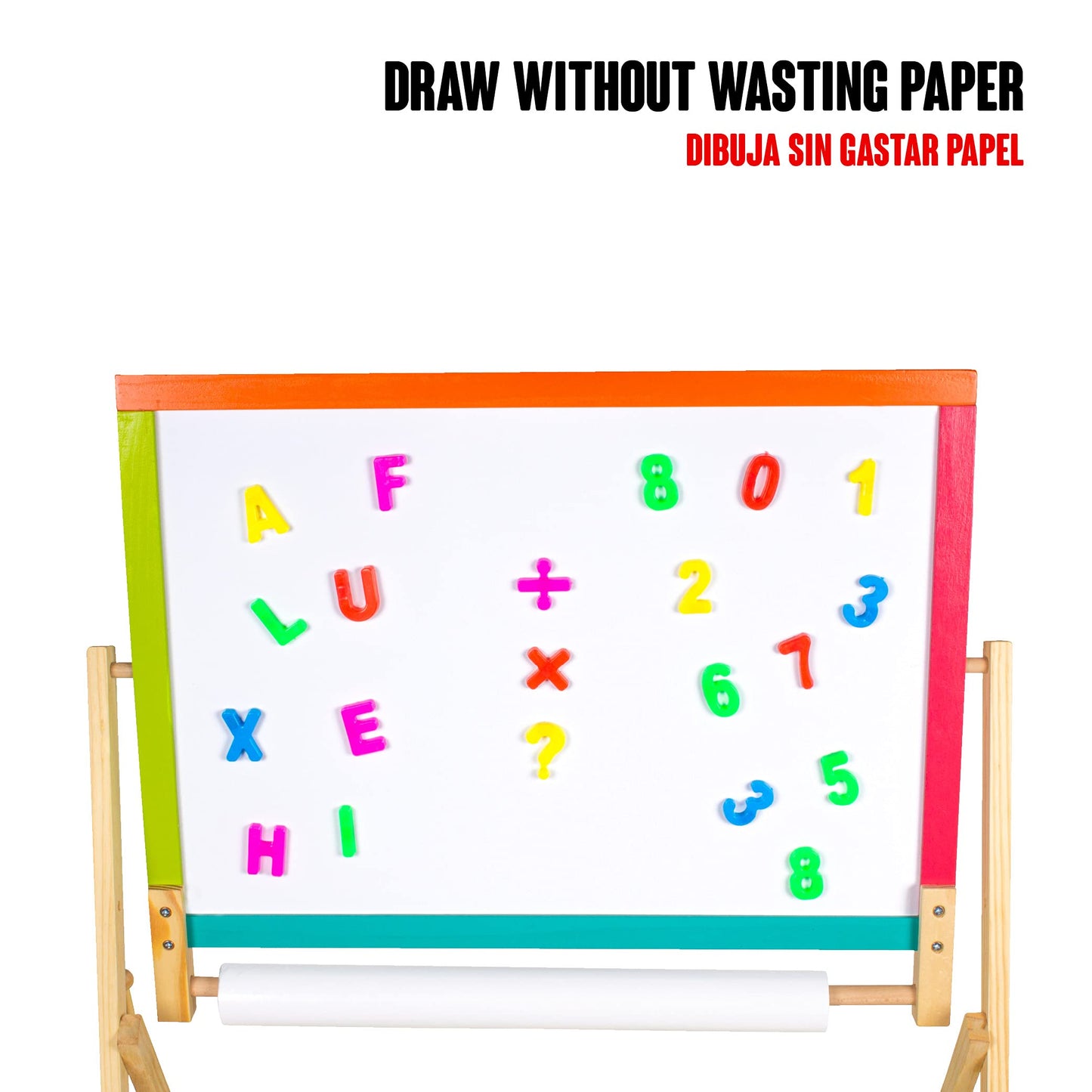Calma Dragon W12B103-2 Kids Whiteboard 2 in 1, wooden children's board, double-sided, with clock and alphabet, with drawing paper roll, chalk, markers, and eraser (Large)