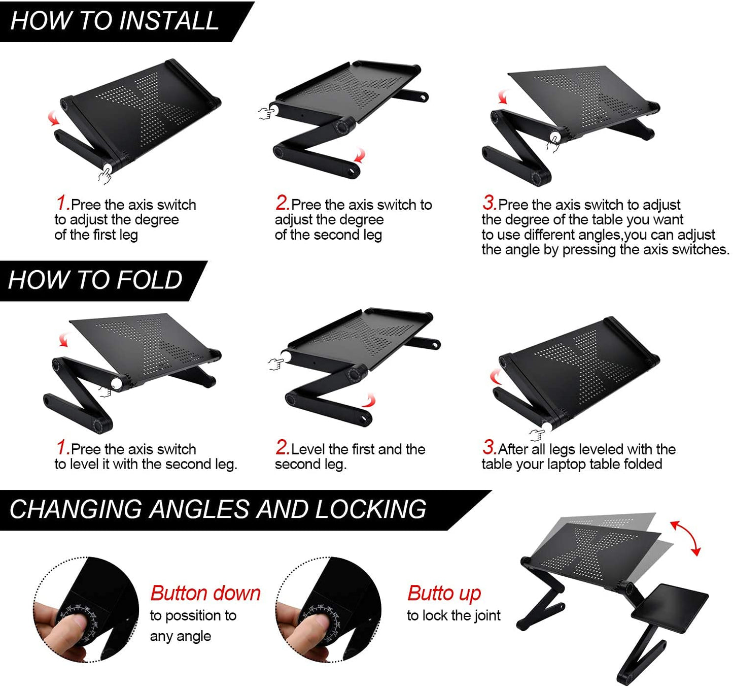 Ideal Swan laptop stand, adjustable height, foldable laptop table holder, notebook stand with mouse pad for bed or couch, laptop desk for MacBook, Dell, Lenovo, Samsung, Acer - Black.