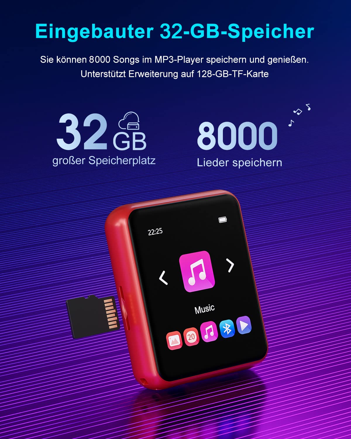 32GB MP3 Player Bluetooth 5.0, HiFi Lossless Sound Music Player with Speaker, Line-in Voice Recorder, FM Radio, 1.8" Full Touchscreen, Support up to 128 GB (with Headphones, Case)