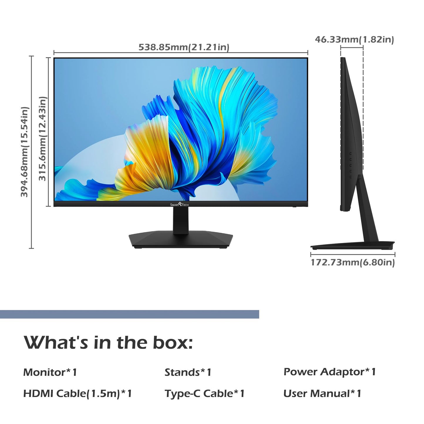 Smart Tech Monitor 24 inch, Business PC screen with speakers, IPS panel, FHD monitor 1080p, Adaptive-Sync, 4ms, Eye Comfort, VESA 75x75, USB-C HDMI1.4 VGA.