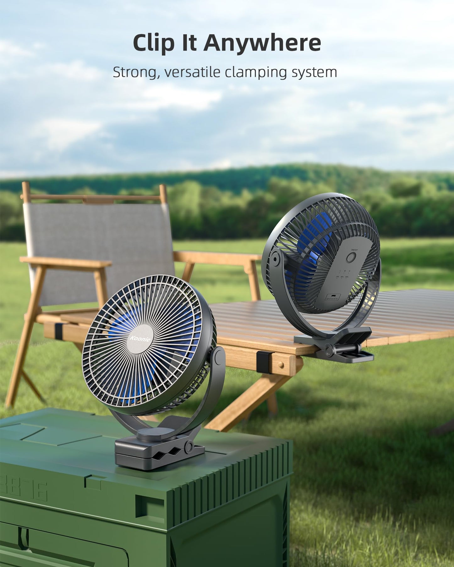 Koonie USB Clip Fan, 10000mAh USB Fan, Portable 20cm Desk Fan, 4 Speeds & 360° Rotation, Quiet Wall Fan, Fan for home, office, stroller, camping, grow tent