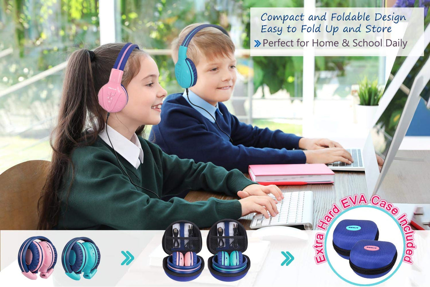 SIMOLIO 2 Pack Wireless Bluetooth Headphones for Kids with Hard Case and Share Port, Kid-friendly wireless headphones with Limited Volume, Over-Ear Wireless Headphones for Girls, Boys Mint+Pink
