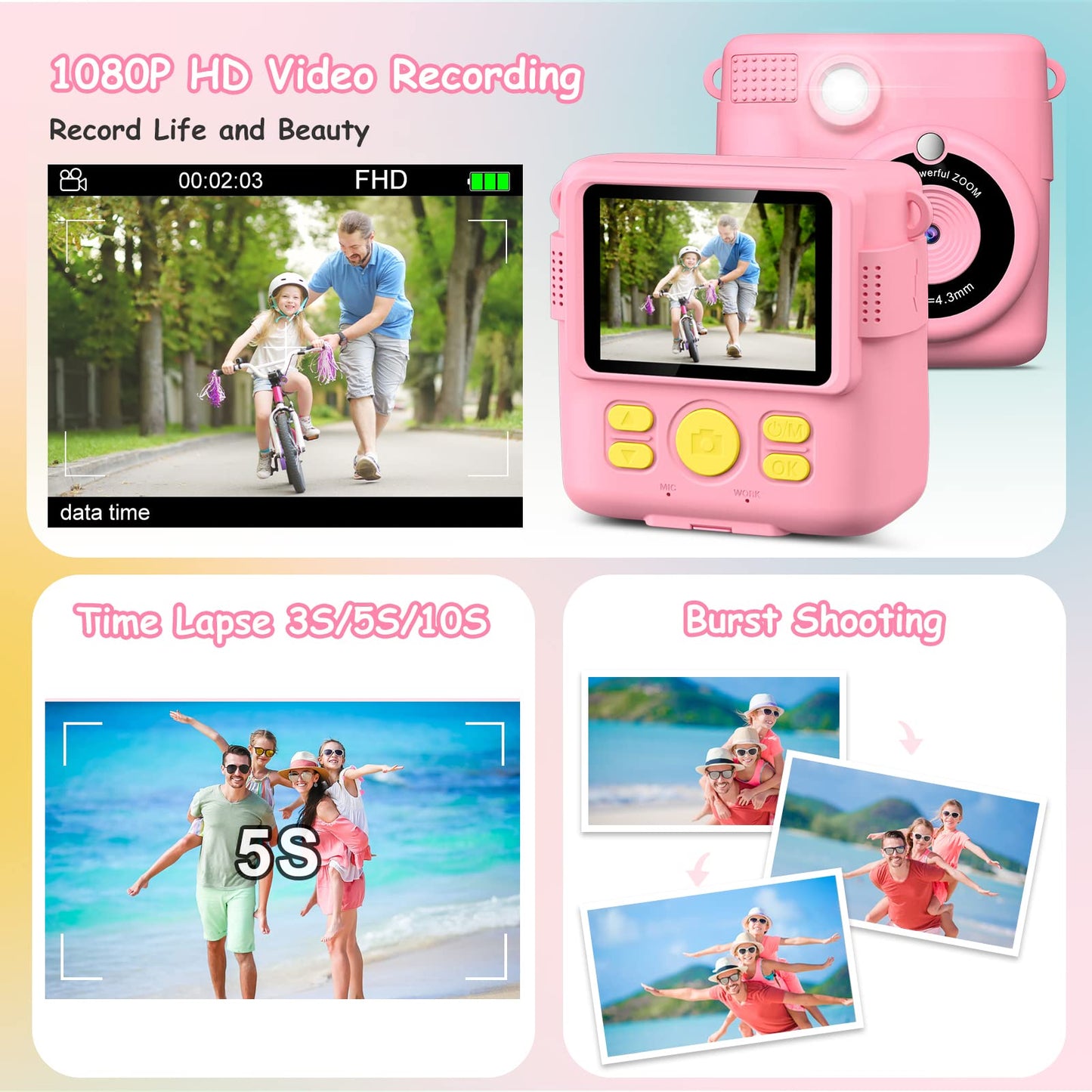 GREENKINDER Kids Camera Instant Camera, 1080P 2.4 Inch Screen Instant Camera for Kids with Printing Paper & 32GB Card, Digital Camera for Kids with Colored Pens Gift for Girls 3-12 Years