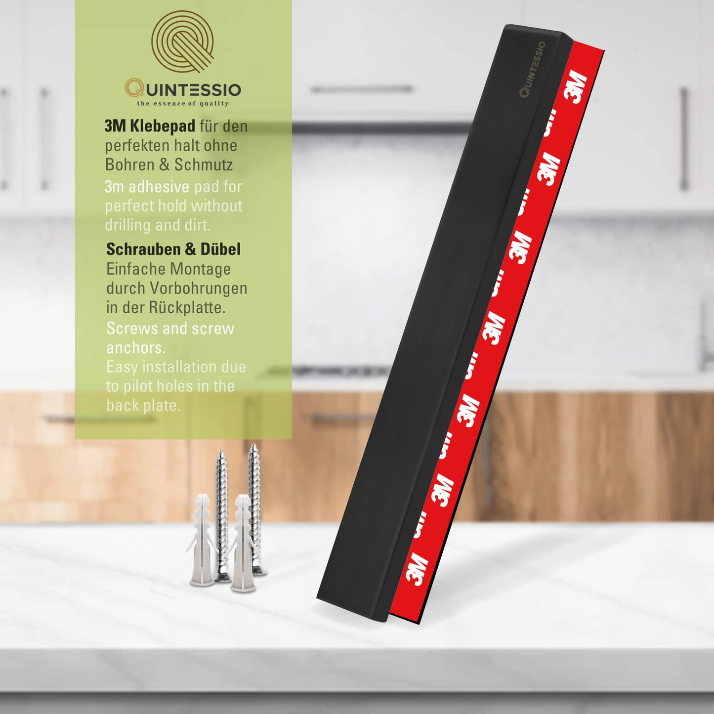 QUINTESSIO - Magnetic Knife Strip Stainless Steel - Self-adhesive or drillable knife holder - 40 cm magnetic knife strip - Kitchen knife magnetic holder - Black