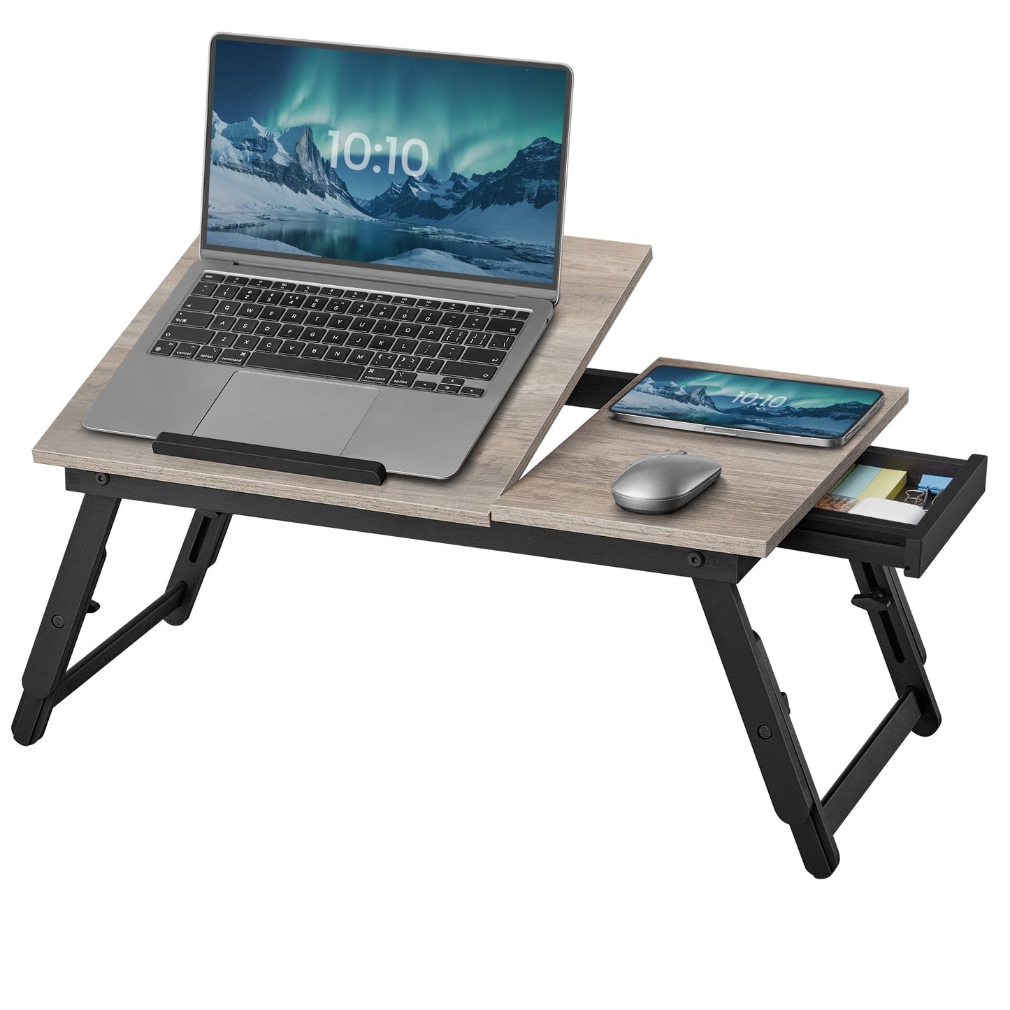 SONGMICS laptop table for bed, laptop stand, angle and height adjustable, foldable legs, for laptops up to 15.6 inches, work, read, have breakfast, bamboo legs, drawer, greige mottled LLD105W01