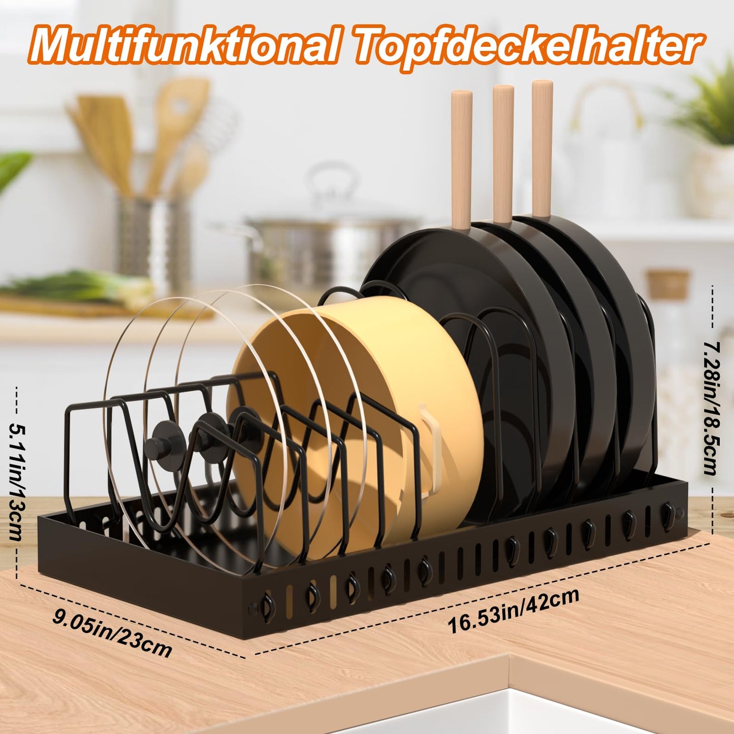 FLSEPAMB Pot Lid Holder, Expandable Lid Holder Drawer with 10 Adjustable Compartments, Metal Pot Lid Organizer for Kitchen Utensils, Pans, Pots, Lids (Black)