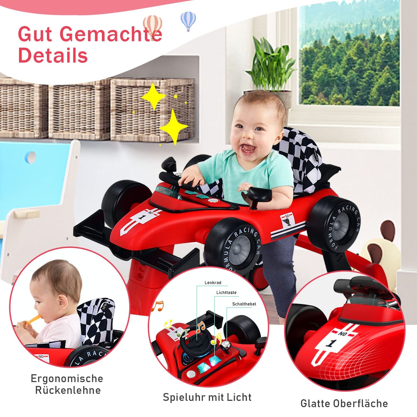 COSTWAY 4 in 1 baby walker, foldable with adjustable height & speed, car-shaped with music box, lights & wheels, baby walker for up to 6 months old babies, can support up to 12kg (Red)