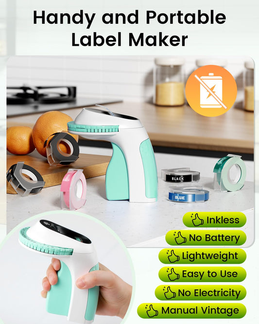 Phomemo Label Printer, 3D Embossing Machine E975, Portable Labeling Device, Green Label Embossing Machine with 6 Label Tapes, Label Printer with (£ € Ä Ö Ü), Easy to Use for Home, Office.