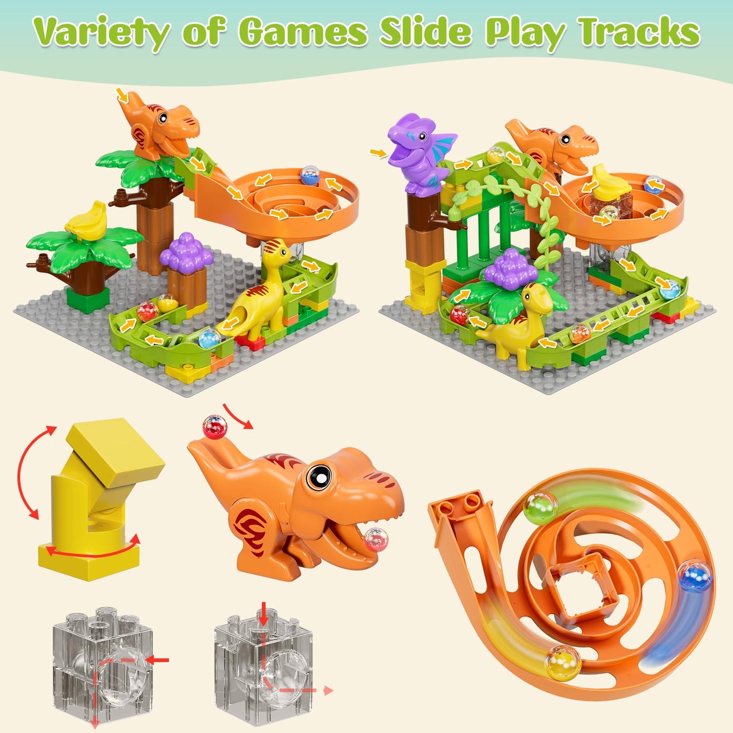Marble run building blocks dinosaur toys, kids STEM toy dino ball track set for ages 3 4 5 6 boys girls, 67 pcs large blocks ball race learning toy for boys girls 3-7 years