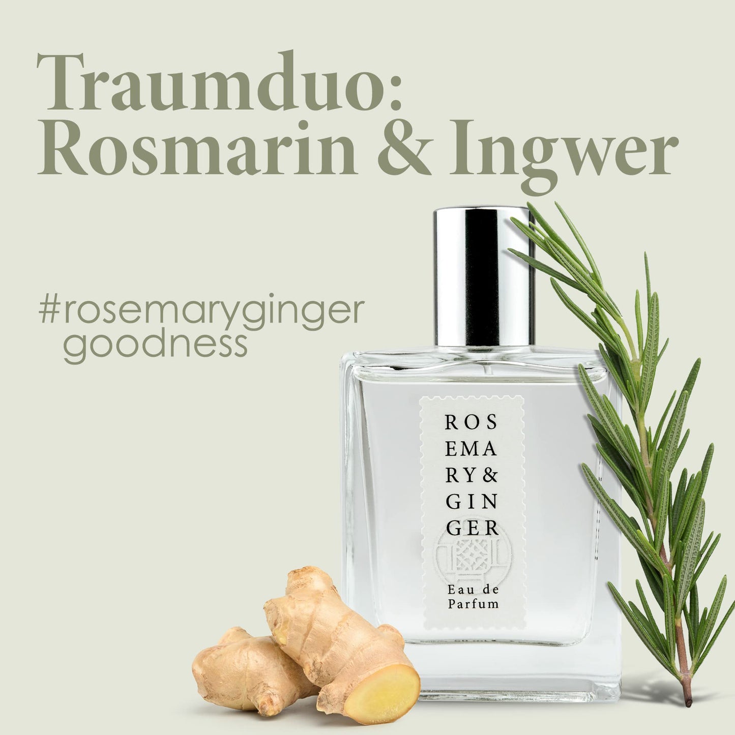 Jean & Len Rosemary & Ginger Eau de Parfum, spicy-fresh scent of rosemary & ginger, handmade in small batches, minimalist glass bottle, unisex fragrance, 50 ml.
