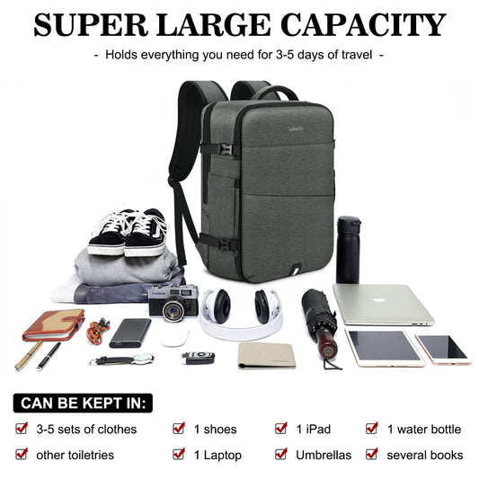 Lubardy 40L Laptop Backpack for Men Waterproof 17.3 Inch with 3 Storage Pockets Travel Backpack for Work School Weekend Trip Grey
