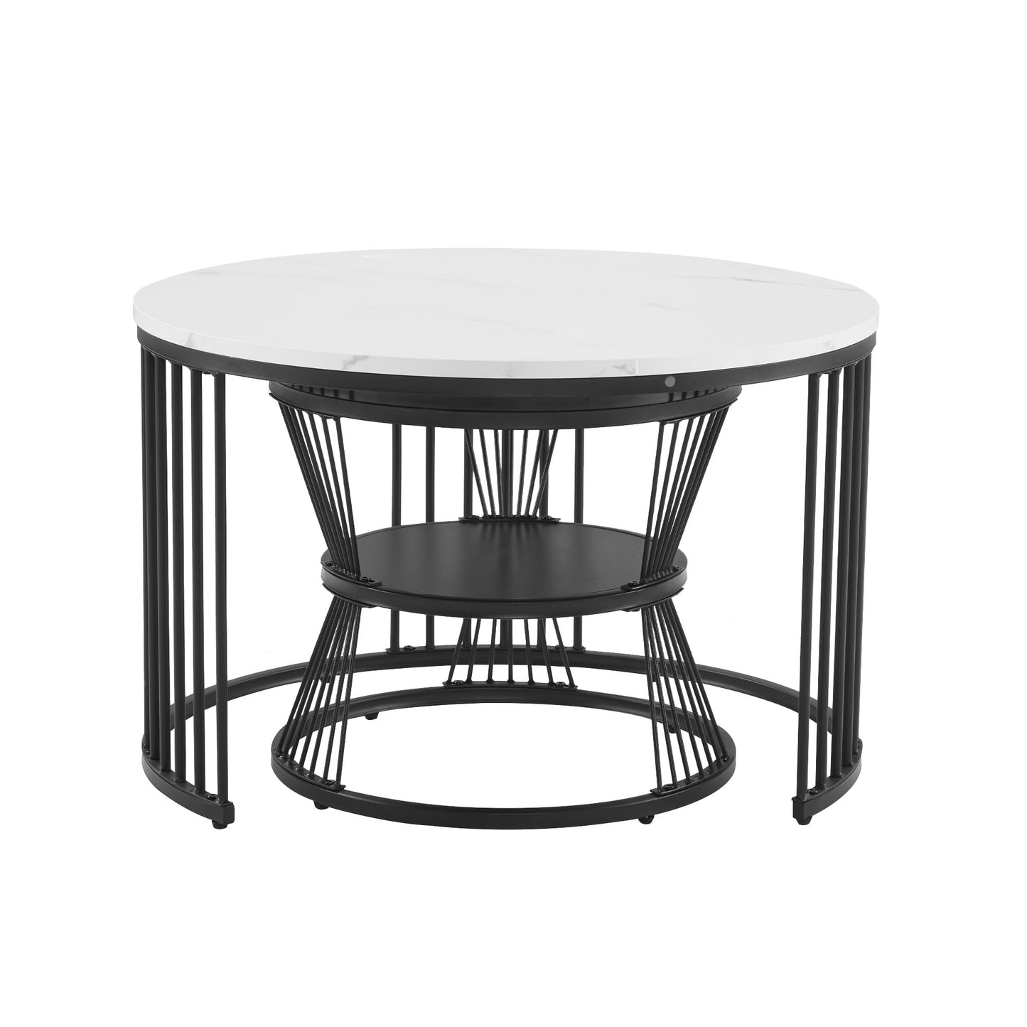 Merax Round Coffee Table 2 Piece Set, Modern Side Table with High Gloss Marble Effect for Living Room, Nesting Table for Reception Room, Balcony, and Office, Metal Frame, Black & White