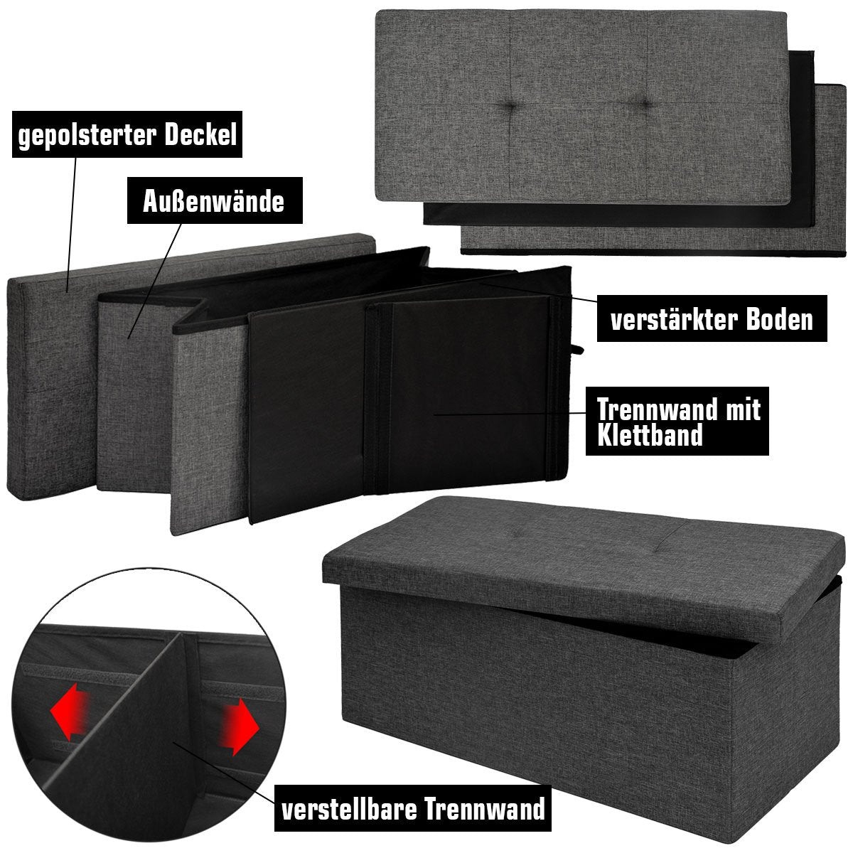DuneDesign bench with 80L storage - 76x38x38 cm ottoman - Foldable seat chest with divider chest Dark grey