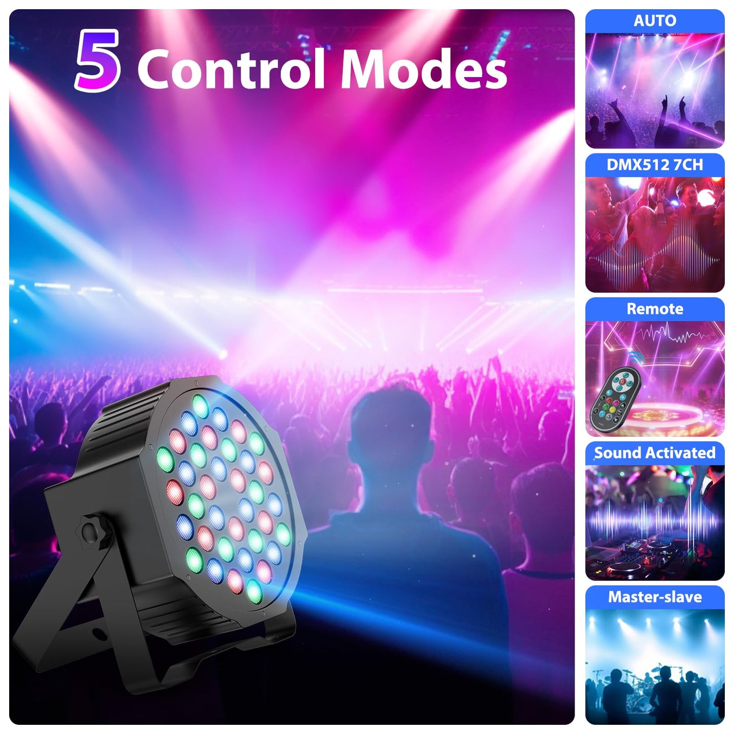 8 pieces LED par light 36 RGB disco light with remote control DMX512 stage lights Auto/Sound/Master-slave DJ light for party bar band concert Halloween Christmas wedding