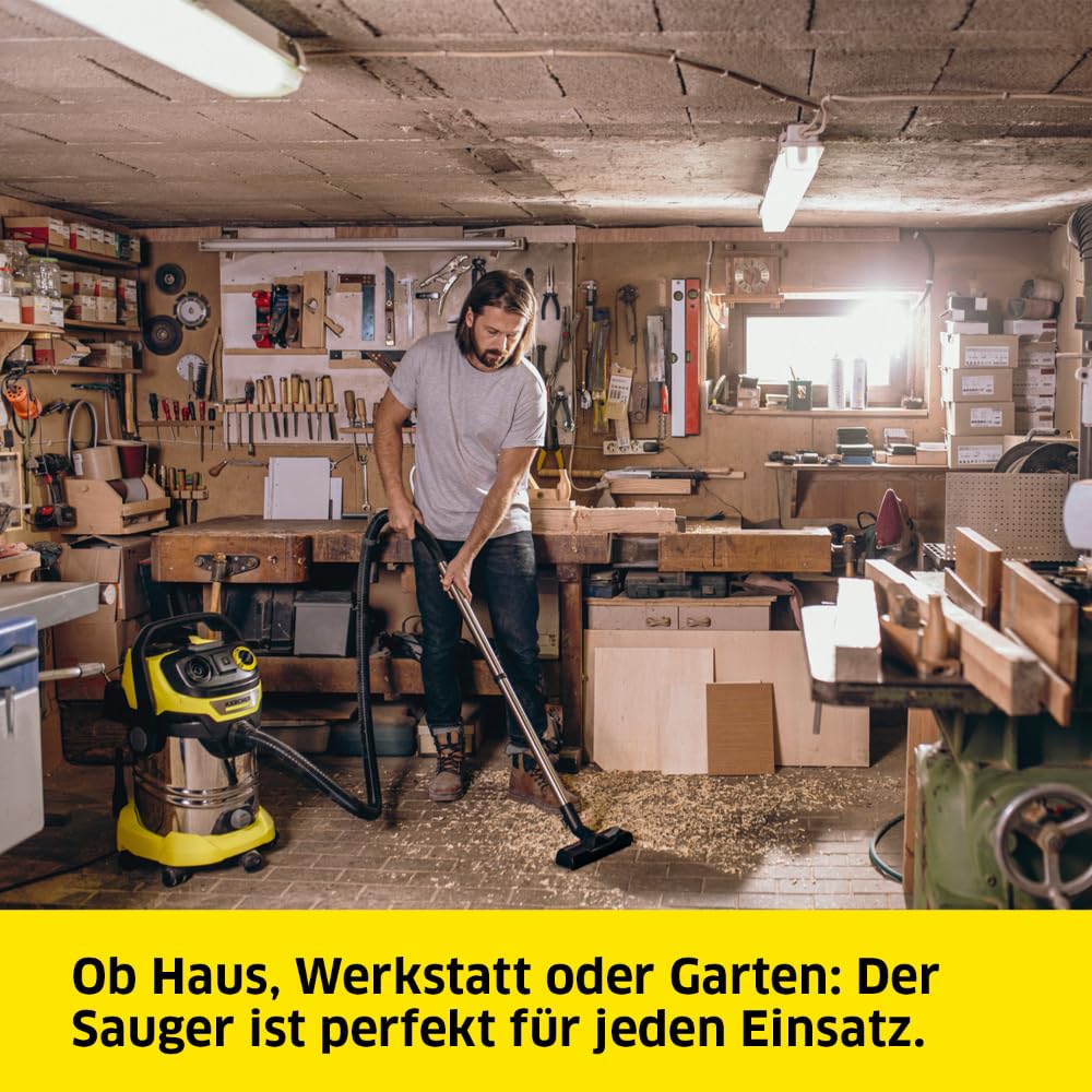 Kärcher wet/dry vacuum WD 6 P S V-30/6/22/T, incl. power outlet, flat pleated filter, patented filter box, filter cleaning, 1,300 W, stainless steel container: 30 l & drain plug, suction hose: 2.2 m