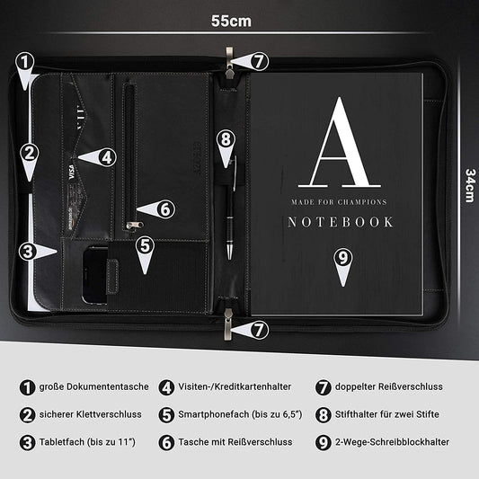 AZORIS PREMIUM® A4 premium folder with double zipper and 13-inch tablet compartment, professional faux leather conference folder for men and women.