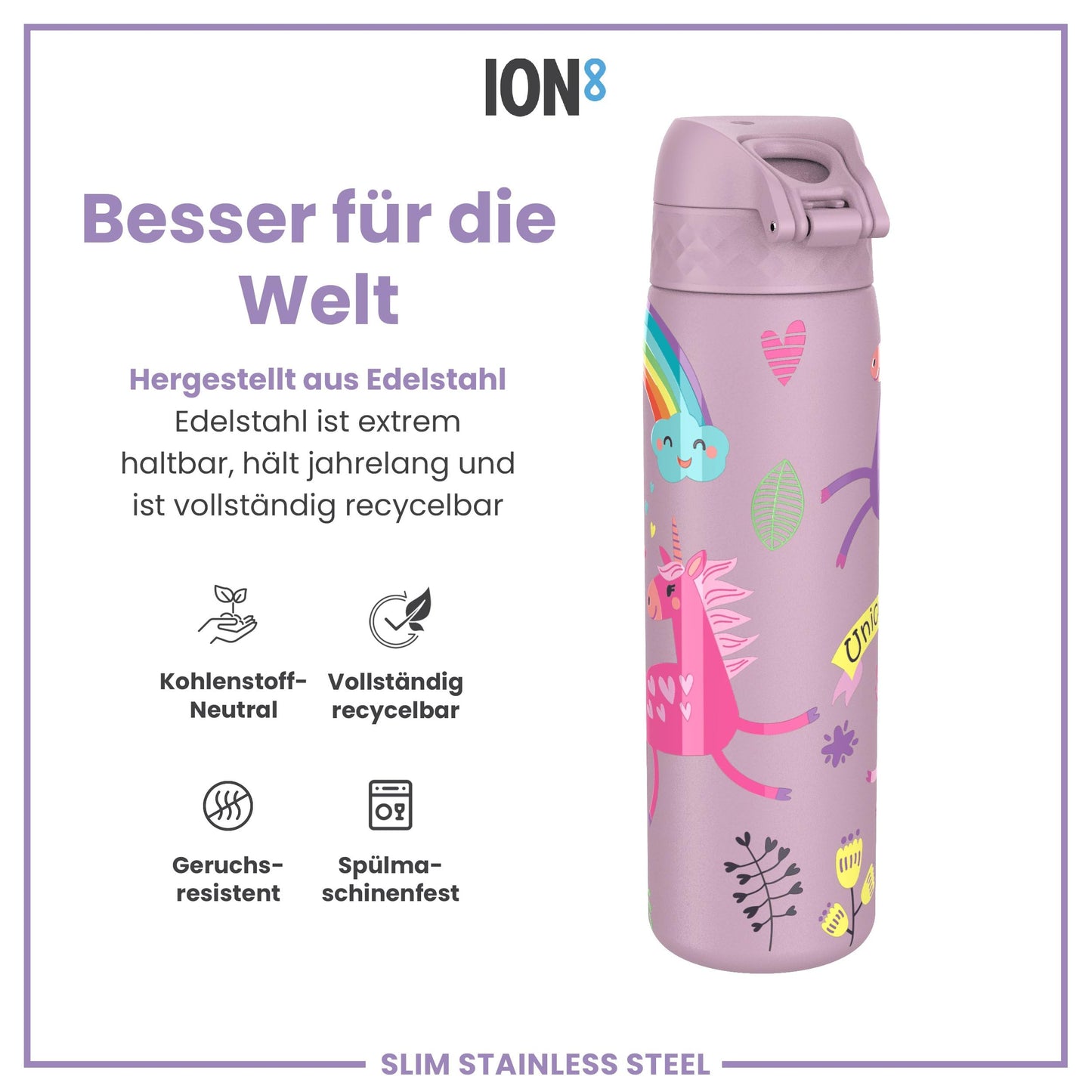 ion8  Lightweight Steel Water Bottle 600ml Non-Insulated Leakproof One-Hand Opening Secure Lock Dishwasher Safe Flip Lid Carrying Handle Easy to Clean, Lilac Unicorn