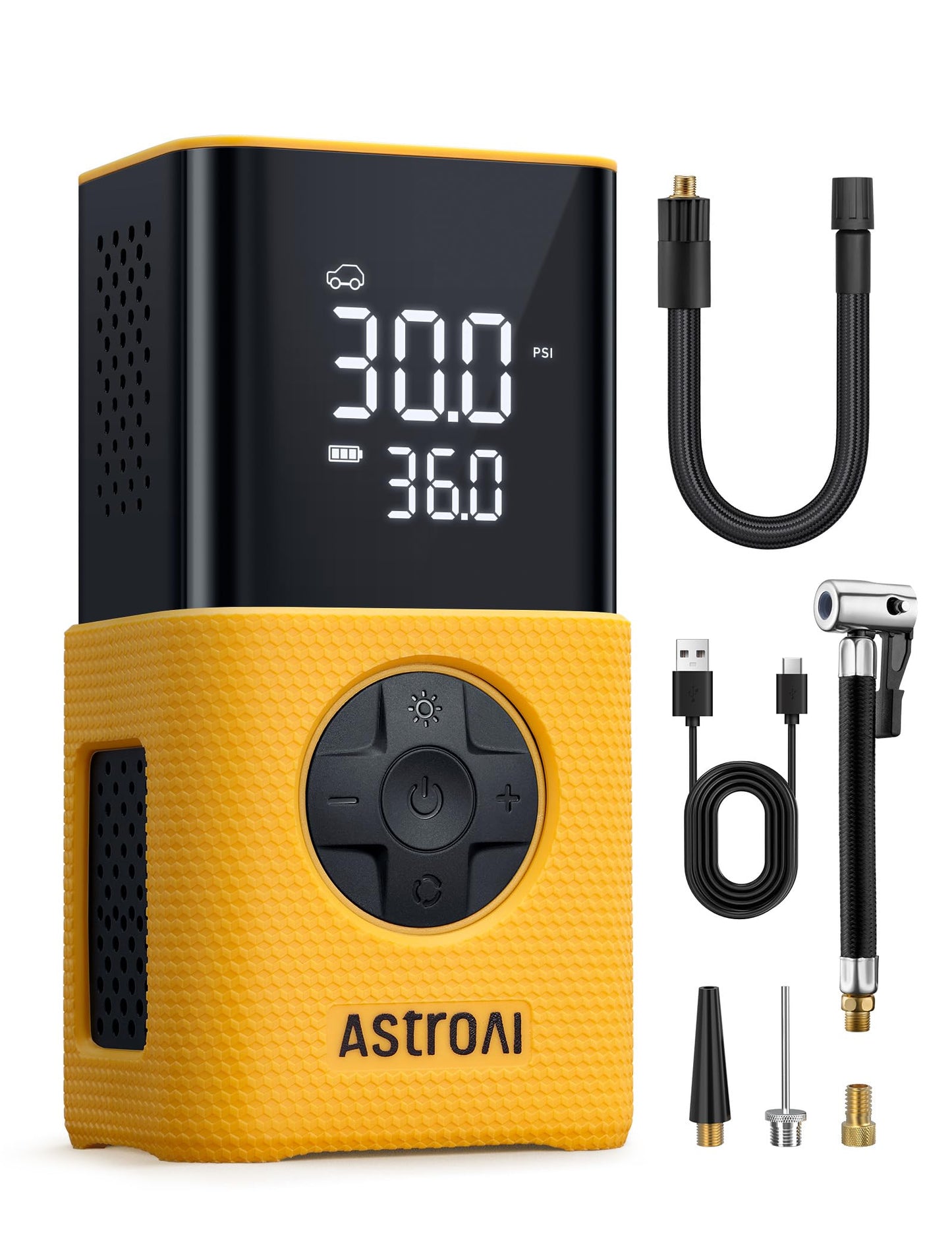 AstroAI Cordless Electric Air Pump, Portable Battery Bike Pump with all valves, LED light, Rechargeable Tire Inflator for bike, e-bike, car, motorcycle, balls, Yellow