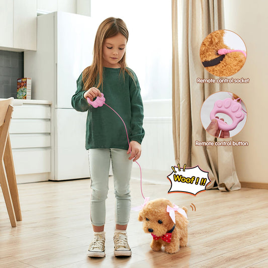 TOMMYHOME interactive toy dog for kids with remote control leash, pull cord, and accessories that can walk and bark. Plush dog toy for children.