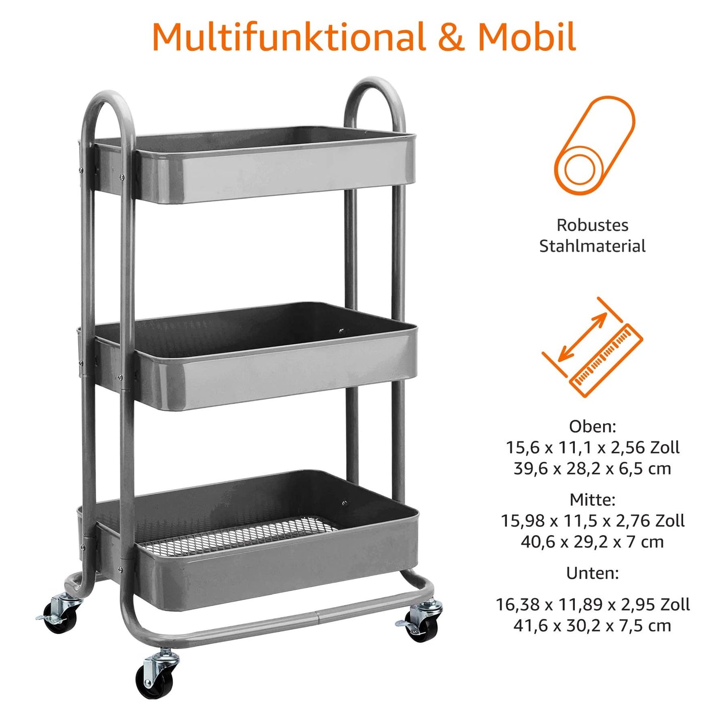 Amazon Basics Tool or Kitchen Trolley, 3 Levels, Metal, Anthracite