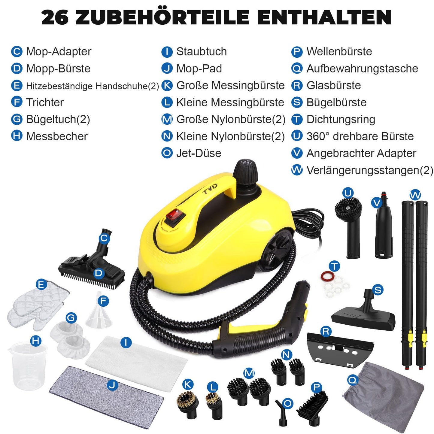 TVD Steam Cleaner, upholstery cleaning device, steam cleaner with 5m extra long power cord for floor steamers, oven, carpet, sofa, upholstery, bed bugs (deep yellow)