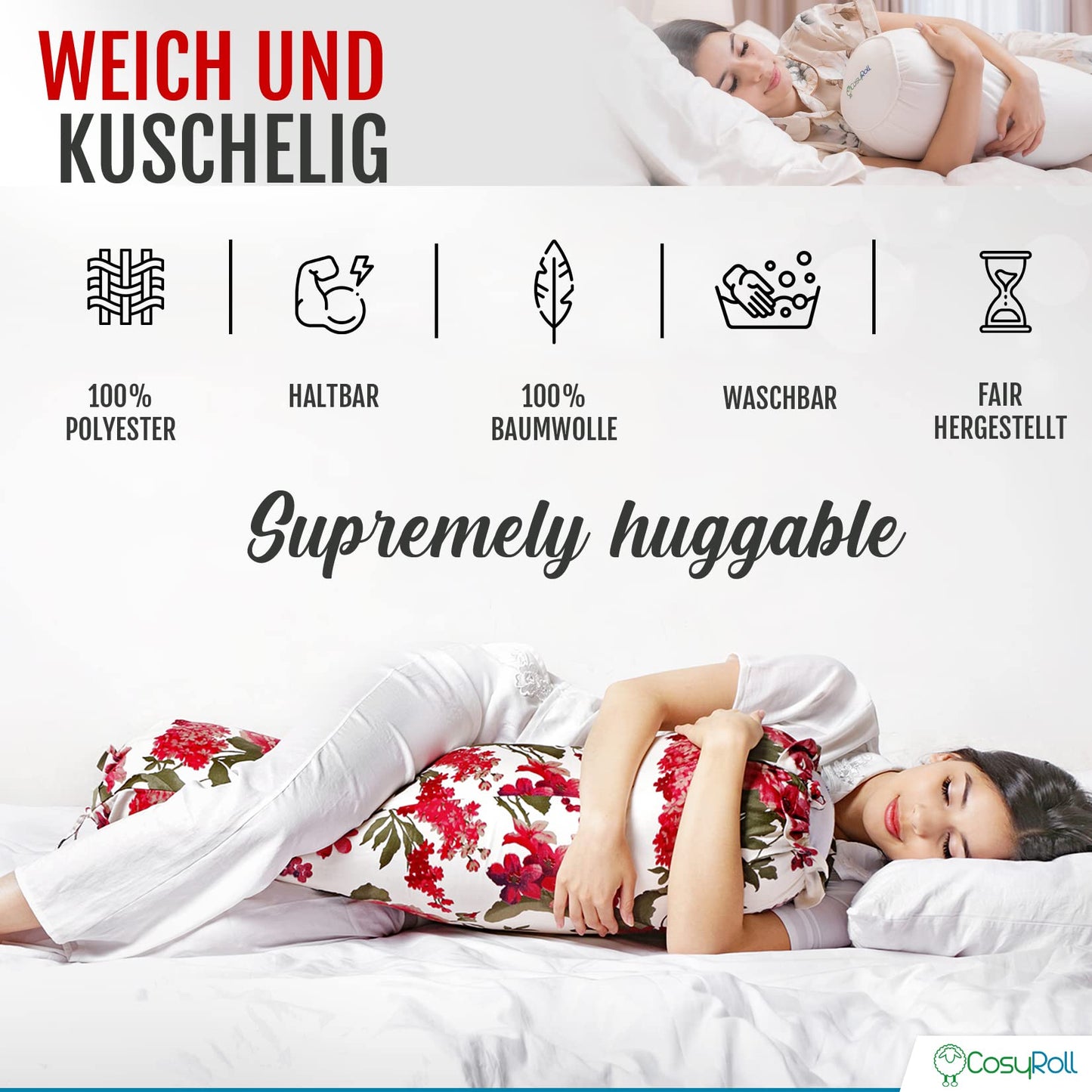 Translate: Original CosyRoll® Side Sleeper & Snuggle Pillow | Better Sleep Pillow | 100% cotton & microfiber filling | 90cm x 30cm | Pillow with Foxglove cover (Color: Red)