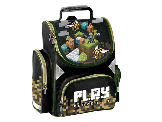 School backpack set for boys in 1st grade, 7 pieces: backpack, satchel, school bag, pencil case, gym bag, lunch box, water bottle, sports bag, rain cover. Game pixel design pencil case included.