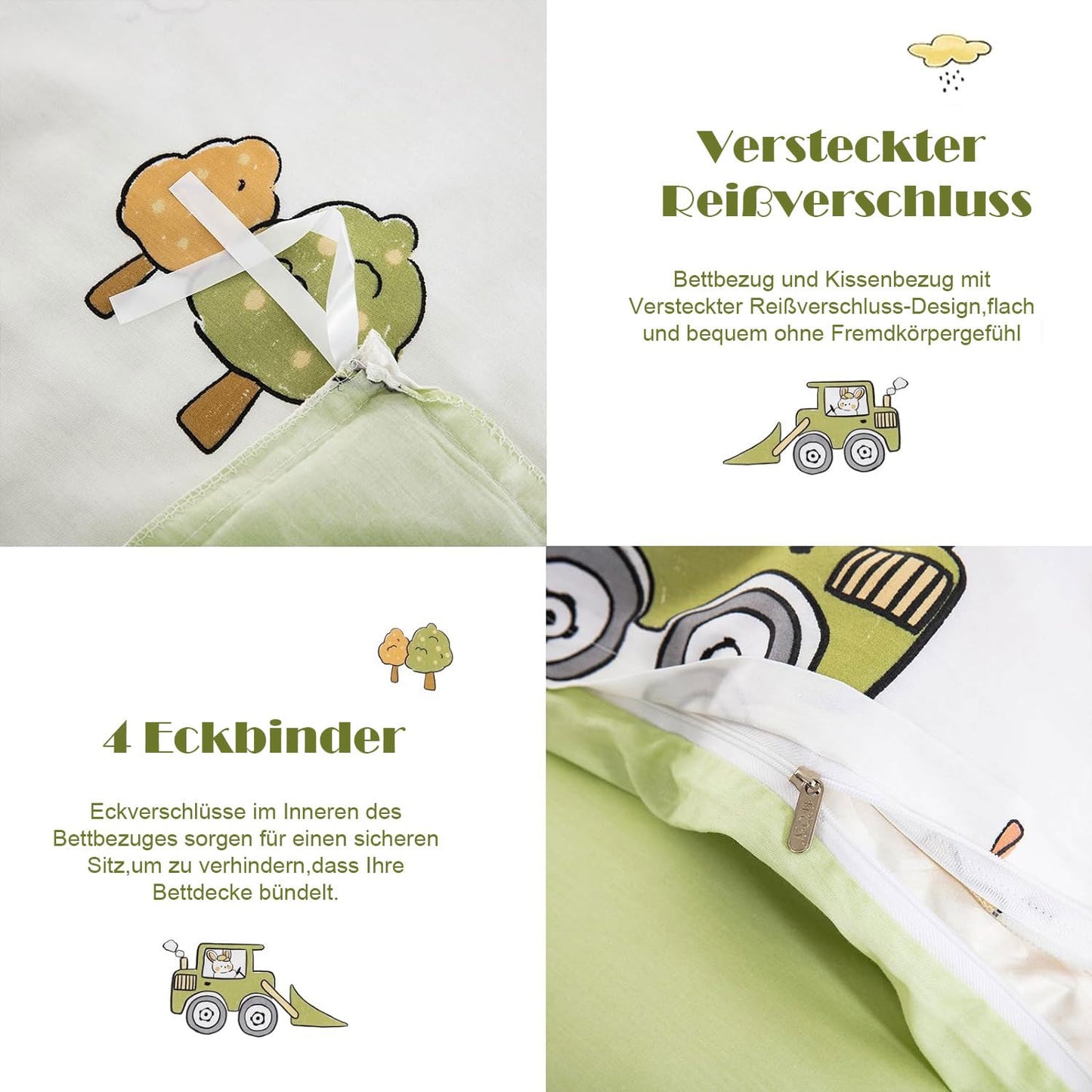 Lanqinglv Kids Bedding 155x220 Boys Car Green White Microfiber Bedding, Reversible Bedding Set - Duvet Cover with Zipper and 1 Pillowcase 80x80 cm