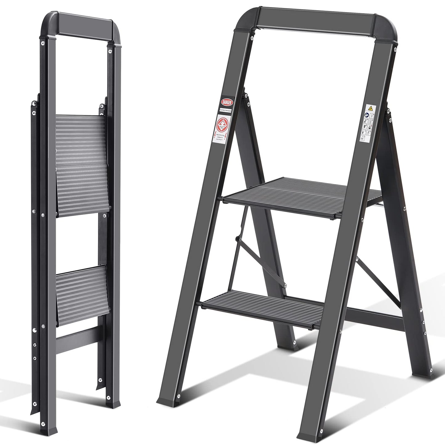 KINGRACK 2-Step Aluminum Ladder, Foldable Step Ladder with Handrail, Non-Slip Household Ladder with Folding Lock, Load Capacity up to 150 kg, for Home, Office, Garden, Black