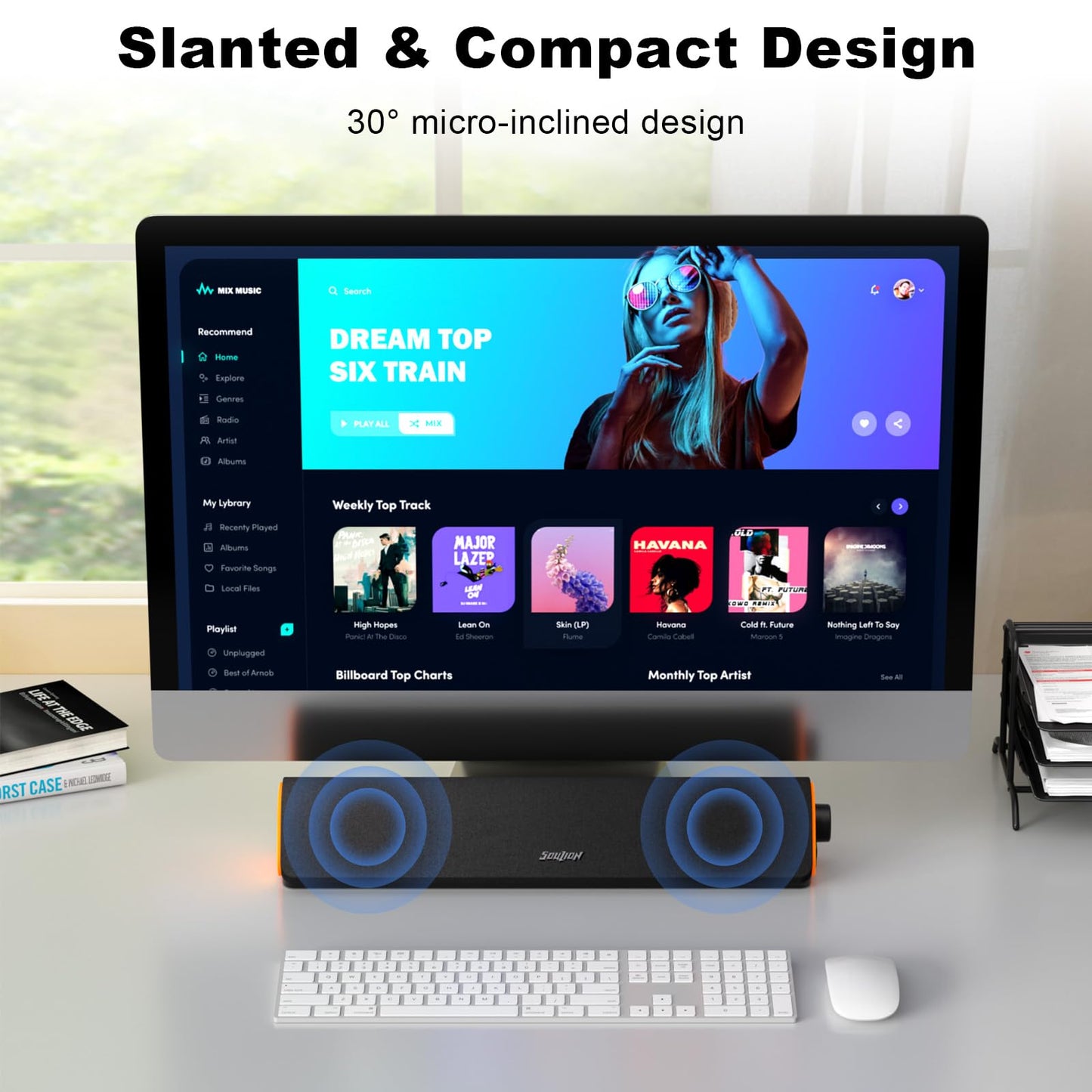 SOULION R50 PC speakers, Bluetooth & 3.5mm computer speakers, USB powered, colorful lights, soundbar with switch for PC, laptop, tablet, monitor, smartphone, 42x7x9cm, black