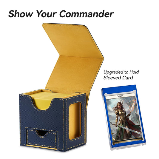 Mage Tech Commander Deckbox for MTG - Patented design, Commander display, fits 100 double sleeved cards, 35pt magnetic card holder & dice tray - Blue/Yellow