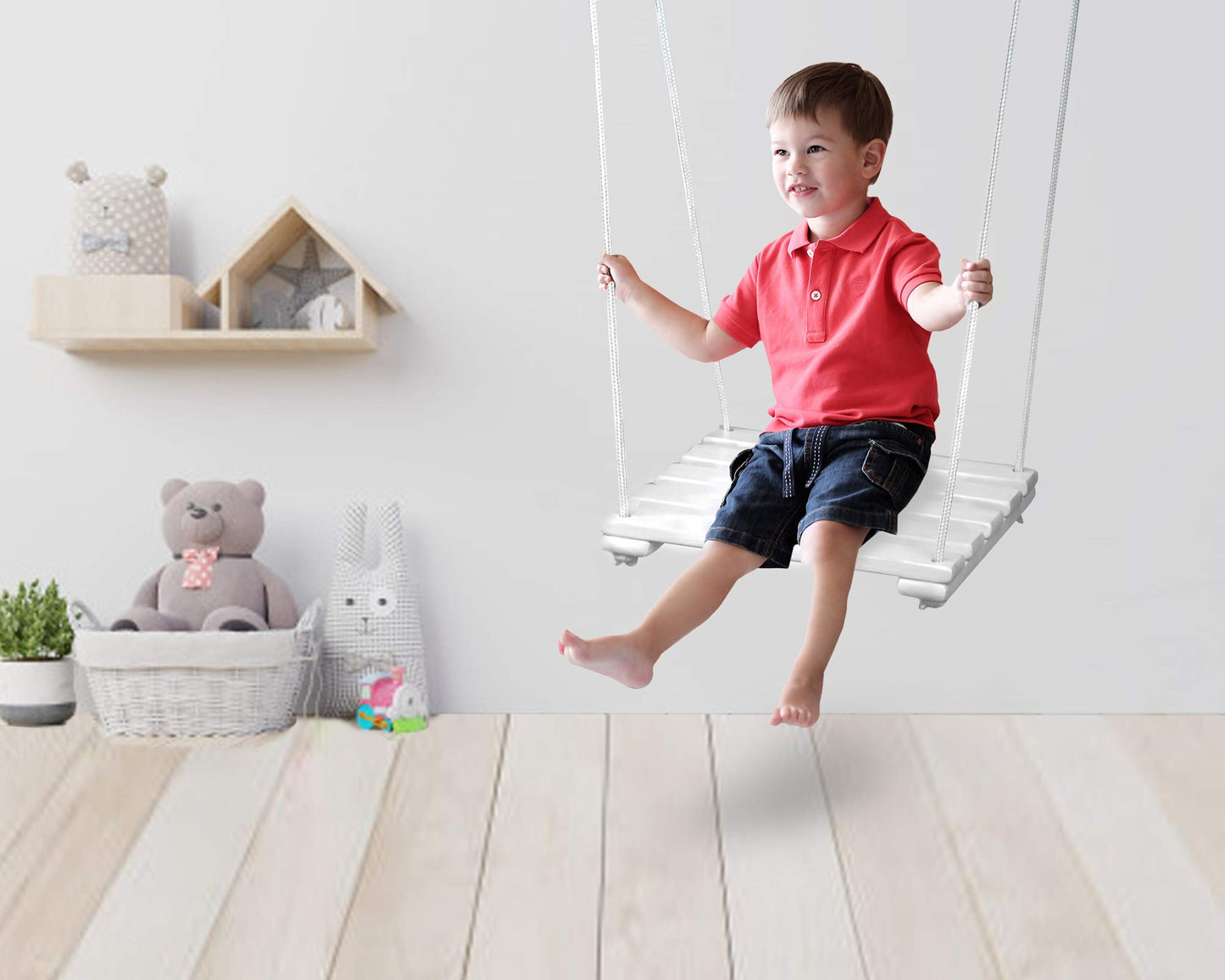 Wooden baby swing, children's swing made of wood, wooden baby bouncer, indoor baby swing, fabric baby seat, hanging baby swing, 4-in-1 safety harness, indoor/outdoor use (natural & light gray).