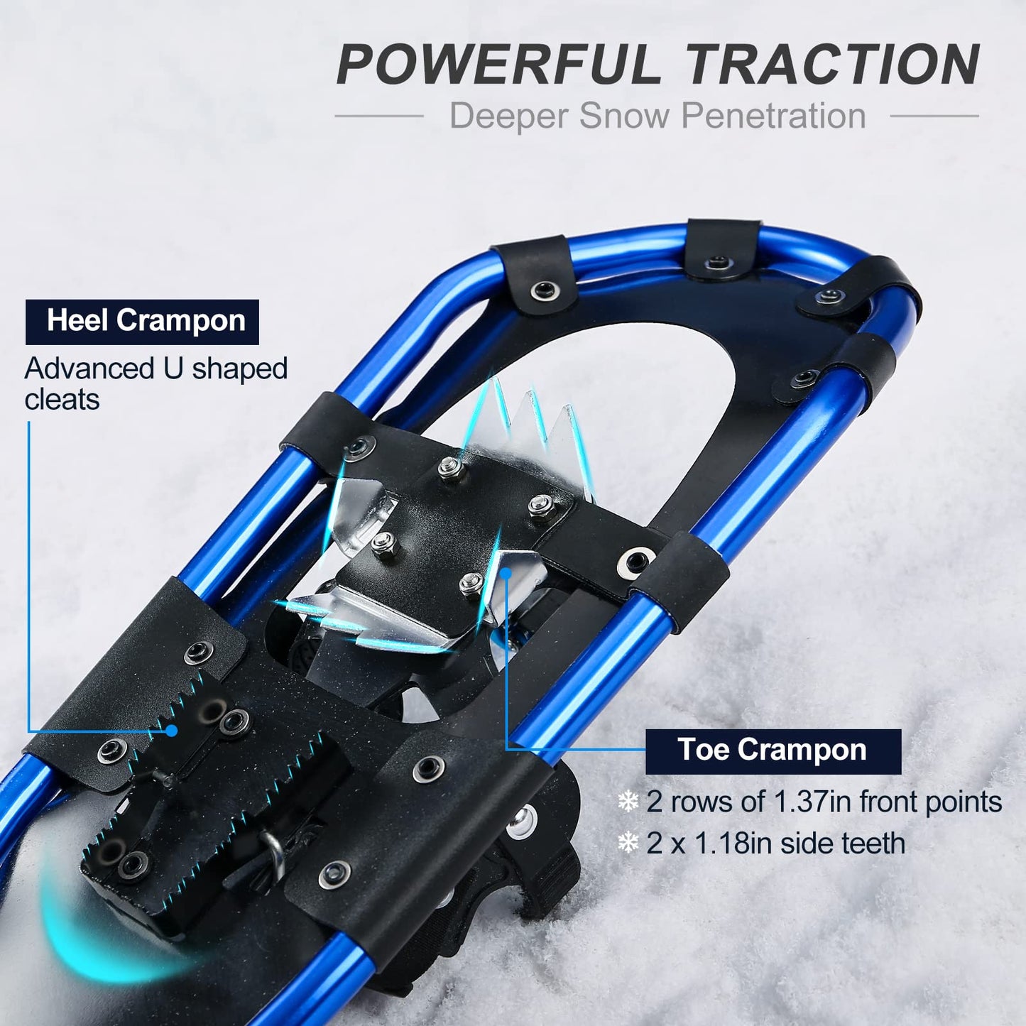 Odoland snowshoes with climbing aid Allround 4 IN 1 for women and men with hiking poles, waterproof gaiters and carrying bag, from shoe size 30 INCH Blue