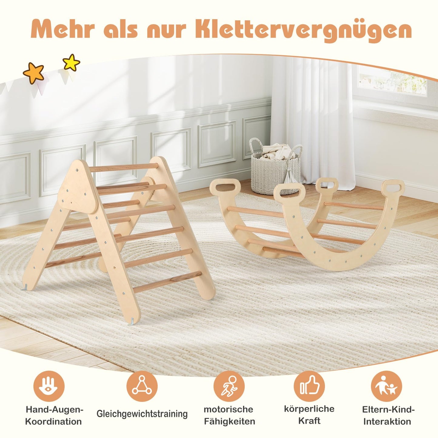 GOPLUS Climbing Frame Indoor, 4 in 1 Climbing Triangle & Climbing Arch & Ladder & Slide, Rung Triangle Playground for Climbing, Sliding and Rocking, for Toddlers from 1 year old (Natural)