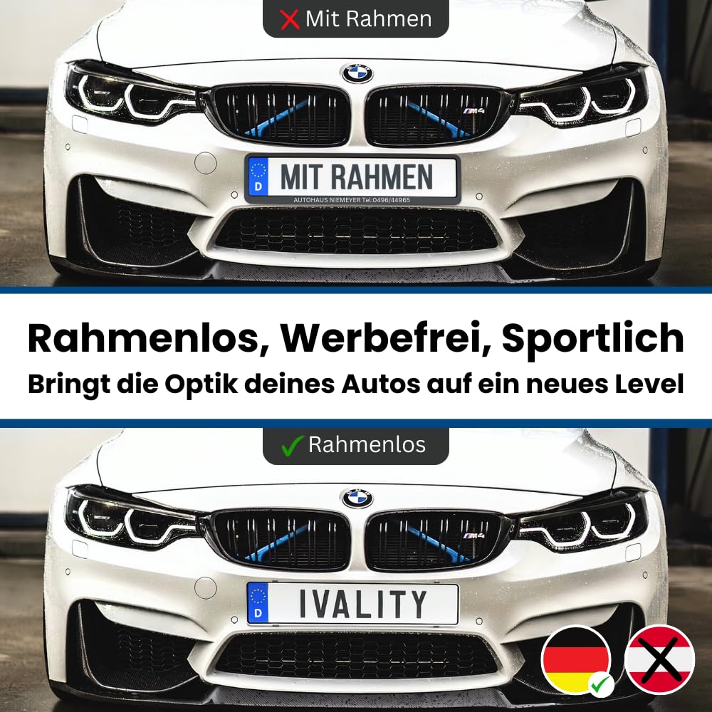 IVALITYยฎ License Plate Holder Frameless - Bracket for 2X German License Plates, Universal License Plate Holder, Car License Plate Mount, 100% legal and Made in Germany.